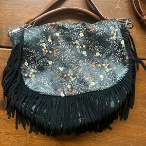 Black Floral Fringe Shoulder Bag with Brown Handle